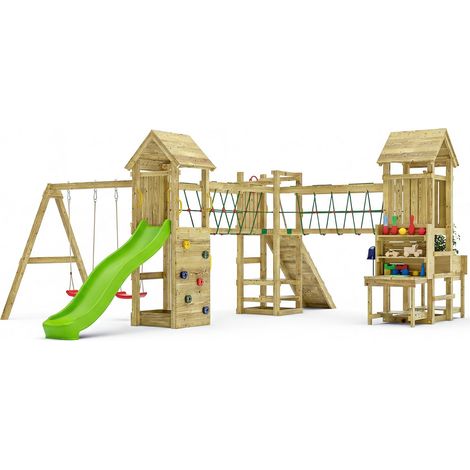 Funni Aire de Jeux Enfant Extérieure – Bois Traité – Toboggan 2,2 m – Balançoire Double – Jusqu’à 15 Enfants – EN 71 (1/5)