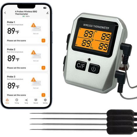 Digitales Fleischthermometer Grillthermometer 4 Sonden Ofenthermometer Kabellos mit App Bluetooth Batterie nicht enthalten Kabelloses mit App (1/4)