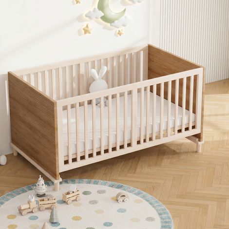 Lit enfant bois naturel 70x140 cm, réglable en hauteur 5 positions, pieds robustes, sans matelas, berceau évolutif bébé, sommier à barreaux, meuble chambre junior. (1/5)