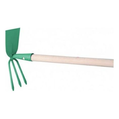 Azada de jardín doble con 3 dientes, acero al carbono, mango de madera, 118 cm