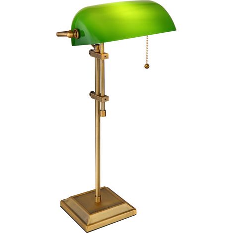 Lampada LED da scrivania lampada banker lampada da tavolo ottone antico vetro verde luce da lettura regolabile in altezza, interruttore a strappo, 7W 806lm, bianco caldo, LxH 26,5x56 cm
