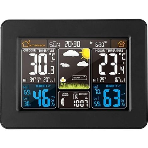 Wetterstation – Innen-/Außensensoren – 6-Zoll-Farb-LCD-Bildschirm – Echtzeit-Anzeige von Temperatur, Luftfeuchtigkeit und Uhrzeit – 1 Außensensor im Lieferumfang enthalten (1/5)