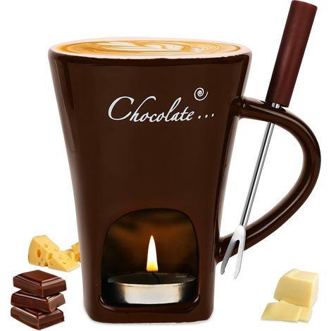 Tasse à Fondue au Chocolat, 130 ML Services à Fondue au Chocolat, Set à Fondue au Chocolat en Céramique, Idéal Maison et Fêtes, Set à Fondue avec Fourchette pour Fromage, Chocolat (Marron) (1/5)