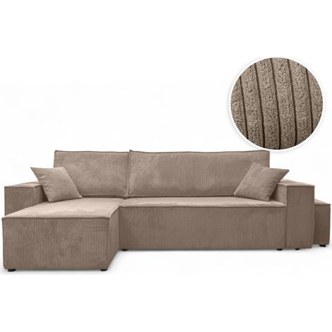 Loungitude – Canapé convertible d'angle réversible 4 places – Velours côtelé taupe – Coffre de rangement intégré – 2 coussins d'appoint inclus (1/5)