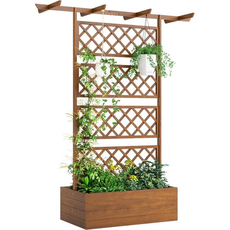 Bac à planter en bois rectangulaire avec treillis arrière et toit, idéal pour les plantes grimpantes (1/5)