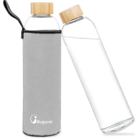 Glas Trinkflasche 1L mit Schutzhülle, Borosilikatglas, auslaufsicher (1/5)