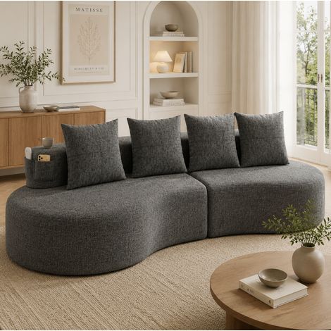 Leinensofa mit 4 Kissen, Becherhalter und Seitentasche, 240 x 109 x 63 cm, Dunkelgrau HAVRYA (1/5)
