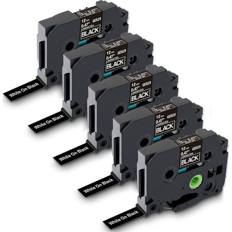 Ruban Cassette TZe-335 - 12 mm - Blanc Sur Noir - 8 m - Compatible Étiqueteuse Brother P-touch - Lot de 5 (1/4)