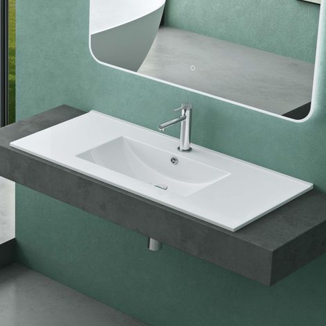 Mai & Mai – Lavabo encastré en céramique blanc 101x47x18cm – Rectangulaire avec perçage robinet et trop-plein – Facile à nettoyer - BR912