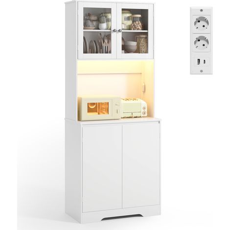 Credenza Alta 180 cm Bealife Mobile da Cucina Alto con Piano d'appoggio Illuminazione a LED a Colori Variabili Rpiani Regolabili Prese Elettriche 4 Ante 100 x 40 x 180 cm Bianco