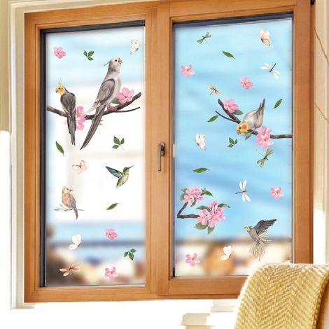 Décor fenêtre anti-collision oiseaux - 2 stickers adhésifs statiques motif branche d'oiseau, prévention choc vitre, autocollant décoratif, sans colle, réutilisable, pour baie et vitrage (1/4)