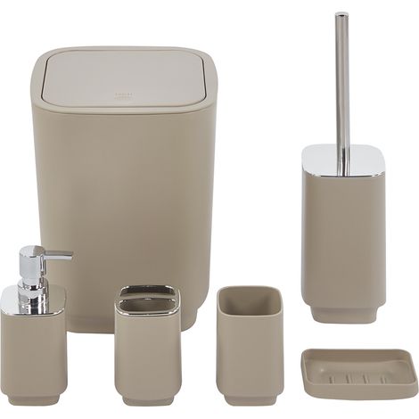 Set Completo Accessori Bagno 6 Pezzi Design Moderno In Plastica Resistente Con Finiture Lucide Incluso Cestino Pattumiera,Dispenser Sapone, PortaSaponetta, Porta Spazzolini, Portascopino Bicchiere Con
