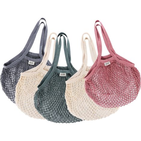 Bolsas de malla para compras, 5 bolsas de algodón reutilizables con cordón, bolsas de tela de algodón tejidas, portátiles y lavables con asa larga para frutas y verduras (4 colores). (1/5)