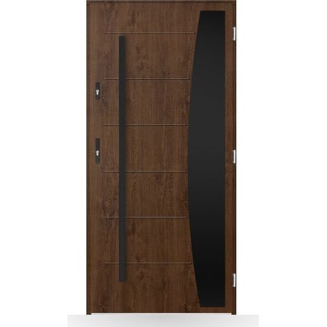 Porte d'entrée Gauthier 80-90-100cm en acier - Couleur: Noyer - Poussant: Gauche - Dimensions: 90 cm (1/2)