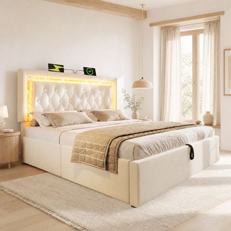 Cama doble 140x200 cm beige de terciopelo con LED, carga USB-C y almacenamiento hidráulico (1/5)