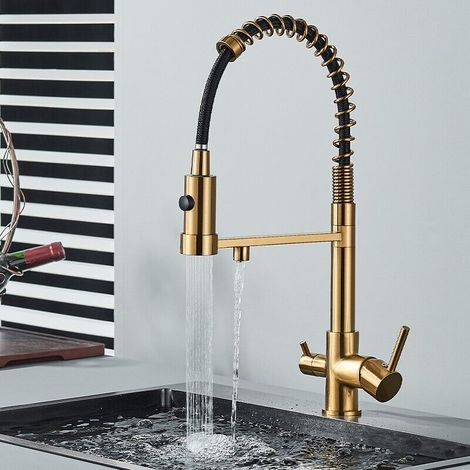 Robinet de Cuisine doré brossé à 3 voies avec Douchette Extractible, Mitigeur de Cuisine Flexible, Robinet d'Évier d'Eau Potable Réglable à 360° (Double Poignée), Corps en Laiton (1/5)
