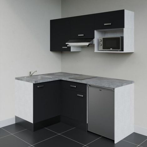Kitchenette KA03 Noir - Plan de travail Gris béton - Crédence : Non - Electroménager : Inox (1/4)