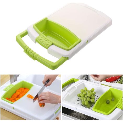 Planche à découper avec fond passoire, panier amovible, poignée extensible et étagère réglable, multifonction 3 en 1, outil de cuisine pour fruits et légumes, 48 × 28 cm (vert)