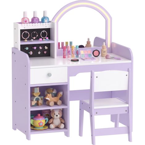 AIYAPLAY tocador de maquillaje niña con espejo de LED de 2 colores, taburete, 2 soportes para joyas, cajón, 2 compartimentos, niños 3-8 años, morado (1/5)
