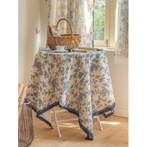 1 Nappe rectangulaire de style vintage luxueux français, bordure en dentelle de fleurs de rose bleue, pour table basse, meuble TV, fête, mariage, arrière-plan de séance photo, toutes saisons, 1pc (1/4)