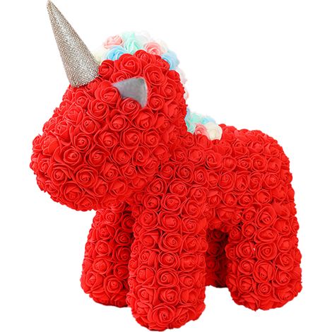 Licorne rouge (25 cm) avec boîte cadeau et guirlande lumineuse - Cadeau créatif en forme de rose stabilisée - Saint-Valentin/anniversaire (1/2)