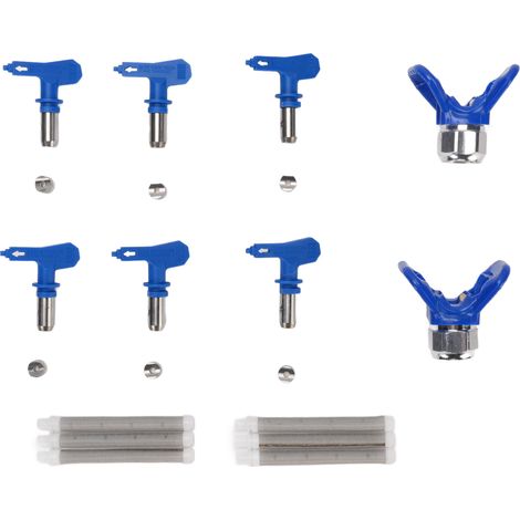 [JAMAIS UTILISÉ]Lot de 6 buses de pulvérisation (références 211, 315, 417, 517, 515 et 523), 2 supports et 6 filtres pour pistolet à peinture sans air (bleu). (1/5)