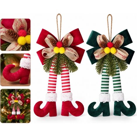 2 Pcs Pendant Noel Jambes Lutin Noeud Papillon Rouge Vert Polyester 15 x 25 cm Sapin Porte Mur Deco Fete Joyeux Noel Decoration (1/5)