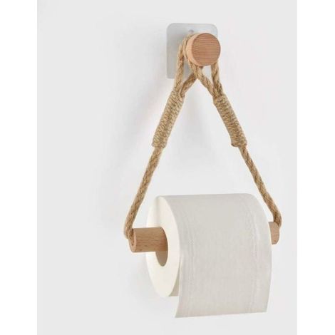 Portarotolo di carta igienica autoadesivo – corda di legno – stile retrò – installazione senza foratura (1/4)