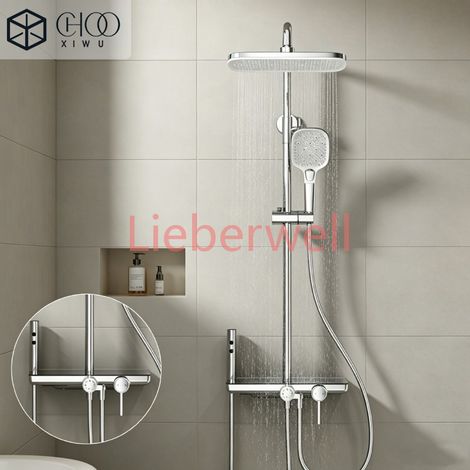Ensemble de douche gris anthracite neuf en laiton avec support de rangement, mitigeur chaud/froid, installation simple, multifonctionnel (1/4)