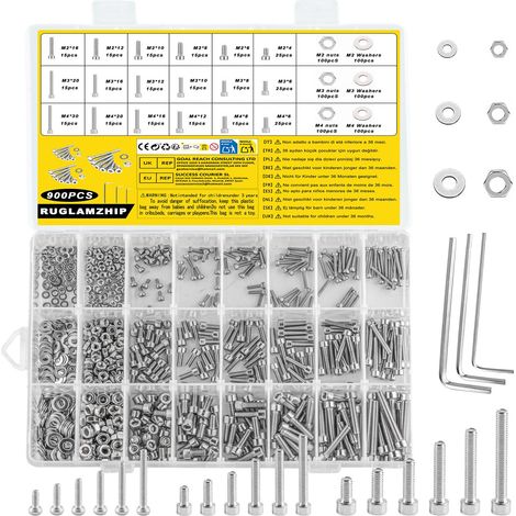 900 Pièces Acier Inox Vis À Six Pans Creux Set M2-M4 Avec écrous Et Rondelles, Polyvalent Pour Mécanique, Réparation Et Bricolage, Résistant à La Corrosion, Durable. (1/5)