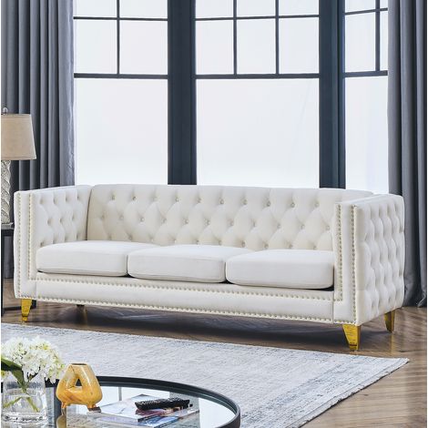Canapé droit 204,4x77,4x73,6 cm en velours beige, assise à ressorts pour salon FloraGrace (1/5)