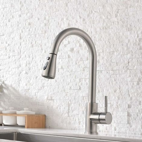 AGE Robinet de cuisine extensible - Robinet de cuisine pivotant à 360 ° - 2 modes - Robinet de cuisine avec bec courbé élevé, nickel brossé. (1/5)