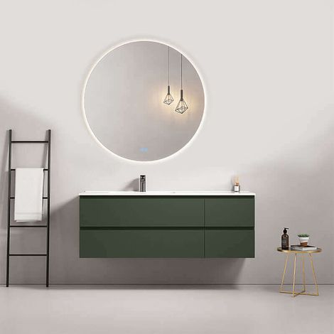 Mobile bagno sospeso 140 cm Verde Comodoro Lavabo a Sinistra in Resina Specchio Tondo - Fiji Paint (1/4)