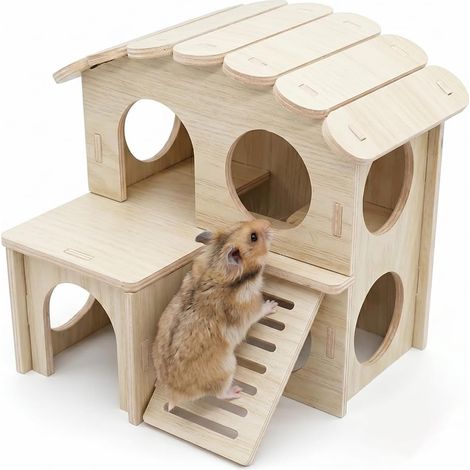 Natural Wood Hamster House with Ladder, Hideout for Dwarf Hamster and Rodents, Cage Accessory 17 x 15 x 15.5 cm, Entrance 4.8 cm (1/5)