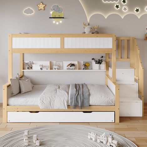 Lit gigogne superposé enfant 3 couchages avec échelle d'angle et barrière de sécurité, armoire intégrée, pin+MDF, blanc et bois naturel, 90x200&90x190&120x200 cm