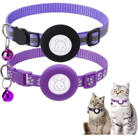 Lot de 2 colliers réfléchissants pour chat avec clochettes, porte-Airtag, violet, accessoires ajustables pour animaux (1/5)