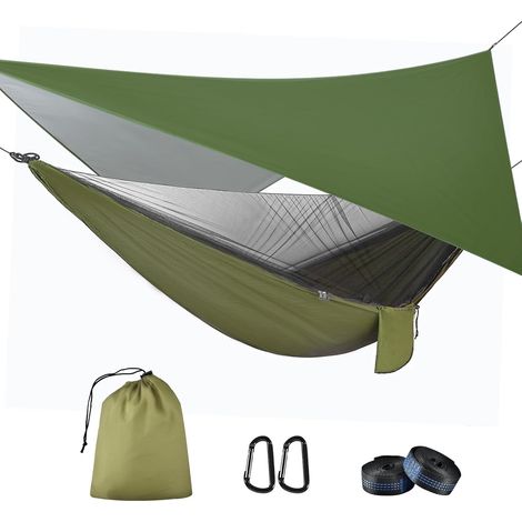 Hängematte 290 x 140 cm mit Moskitonetz und leichter, atmungsaktiver Plane 310 x 310 cm, Tragkraft 200 kg, Outdoor-Nylon-Hängematte, faltbar, für Garten, Outdoor-Aktivitäten, Reisen, Wandern, Camping,