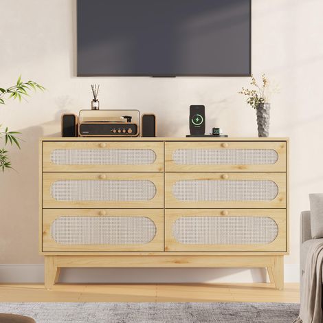Commode 6 tiroirs en rotin et chêne naturel 40x132x79 cm, avec ports USB et prises, rangement pour chambre et salon (1/5)