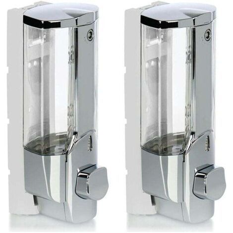 Un ensemble de deux distributeurs de savon muraux rechargeables pour gel douche et shampoing (chromés). (1/3)