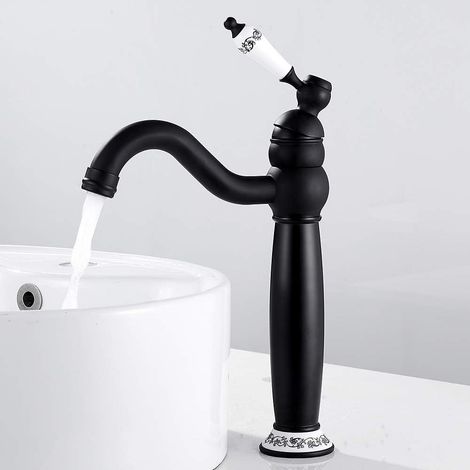 Robinet mitigeur lavabo salle de bain classique vintage noir, bec haut, poignée unique, motif floral en céramique