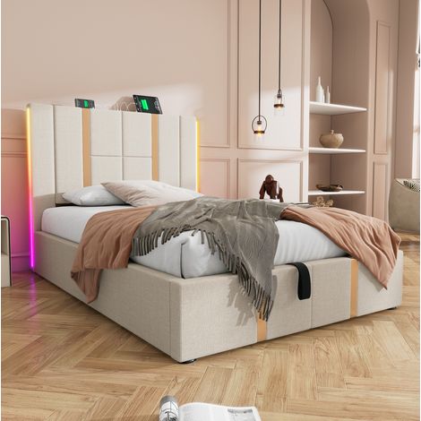 letto contenitore 90x200 con LED USB beige OKMYHOME (1/5)