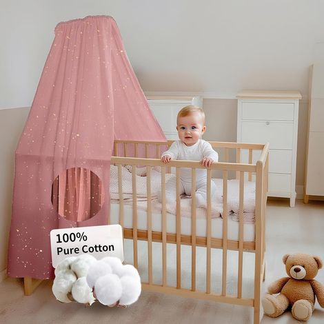 Housse de couette pour bébé - Fabriquée à la main en mousseline 100 % coton - Avec applications dorées (sans barrière de lit) - Convient pour garçons et filles (140 x 270 cm, vieux rose) (1/5)