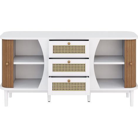 Weißes Sideboard in Holzoptik mit 3 Rattanschubladen und verstellbaren Einlegeböden (1/5)