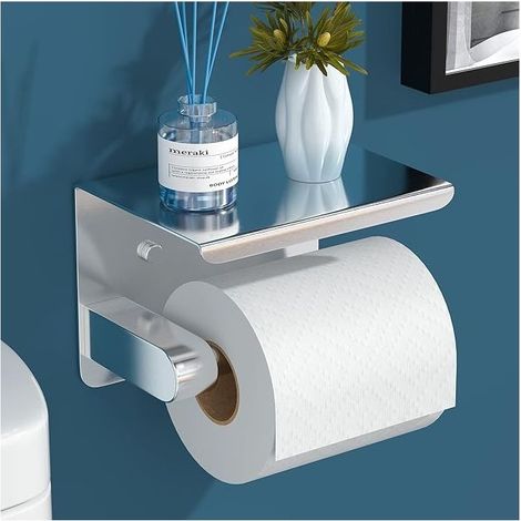 Porte-papier toilette mural en acier inoxydable 304 – Étagère supérieure – Installation sans perçage – Argent 14 x 10 x 9.5 cm (1/5)