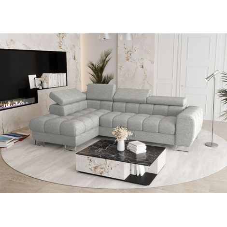 Ecksofa Schlafsofa BASTIEN in Stoff Aragon Hellgrau Ottomane Links