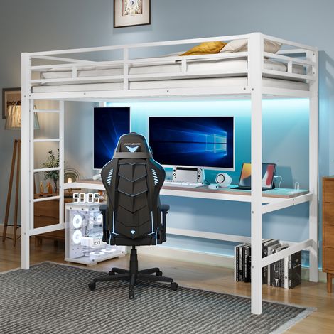 Letto a soppalco moderno 90x200 cm in metallo bianco con scrivania, scala, parapetto, LED APP, USB e prese (1/5)