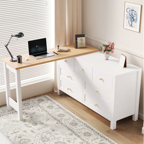 Bureau rotatif 120x40 avec 7 tiroirs blanc chêne OKMYHOME (1/5)
