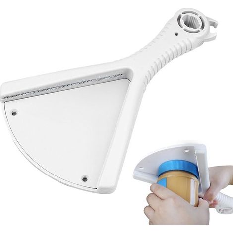 Abrebotellas 2 en 1: abre frascos, abrebotellas y abretaduras de 1,5 a 7,2 cm, Forma de V, Doble hilera de dientes, Universal, Color blanco (1/5)