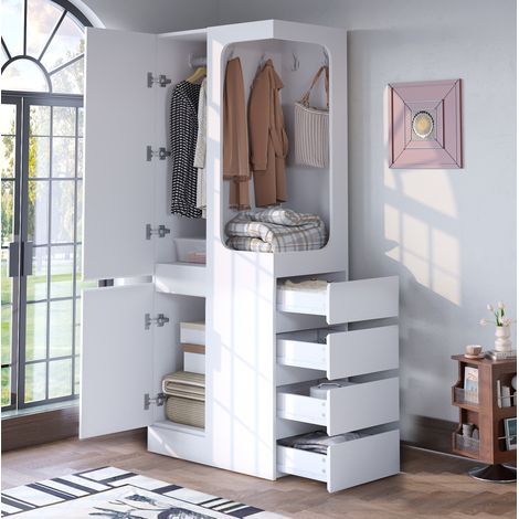 Kleiderschrank 70 x 40 x 170 cm, mit Schubladen und Staufächern, Offenem Kleiderbereich, Eintürig, Weiß (1/5)