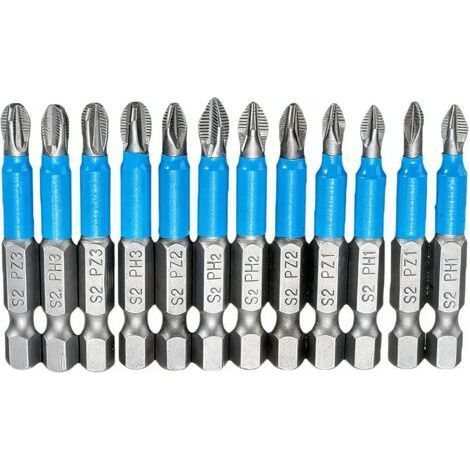 Magnetic Cross Head Screwdriver Bits, 12Pcs 50mm Magnet Screwdriver Bit, Screwdriver Bits PH1 PH2 PH3 PZ1 PZ2 PZ3 for Electric Hand Screwdrivers (1/5)